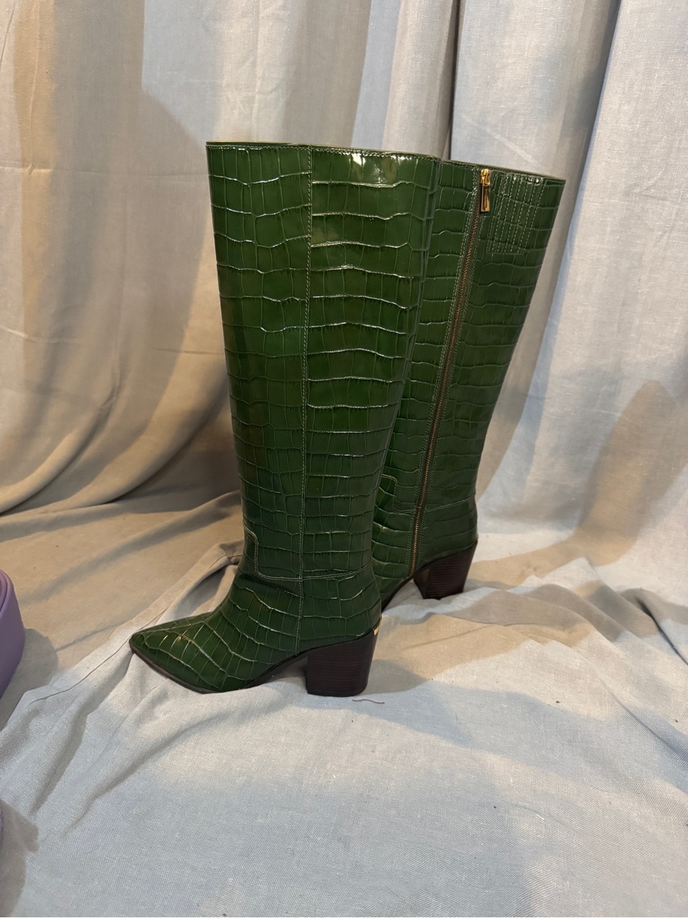 Michael Kors Green Croc-Embossed Knee Boots with Side Zip